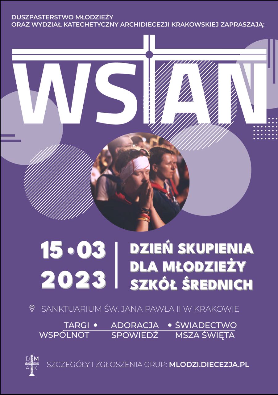 Plakat informacyjny zapraszający na rekolekcje dla uczniów szkół ponadpodstawowych w Krakowie.